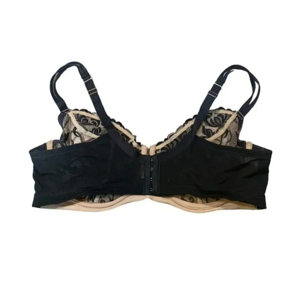 Cacique Lace Underwire Bra Tan Black Floral‎ Sheer Size 44DD